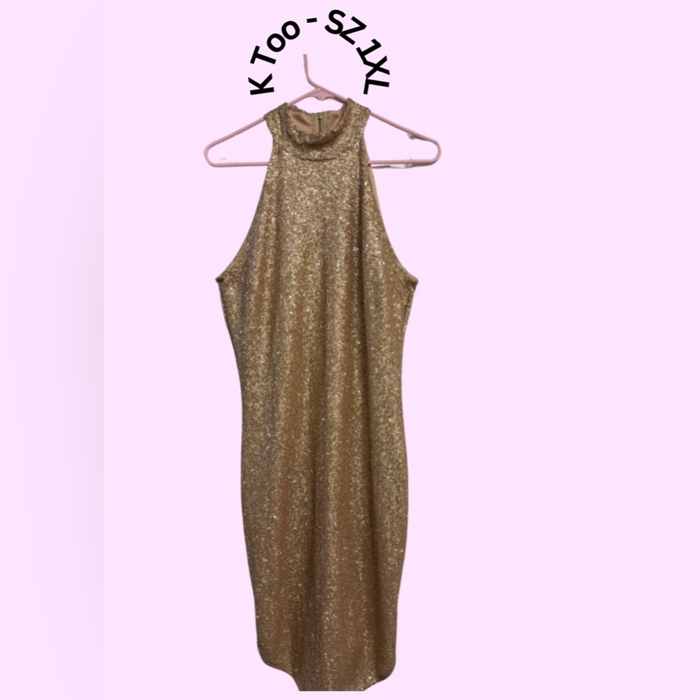 K Too Gold Sequin Halter Midi Dress | SIZE 1XL